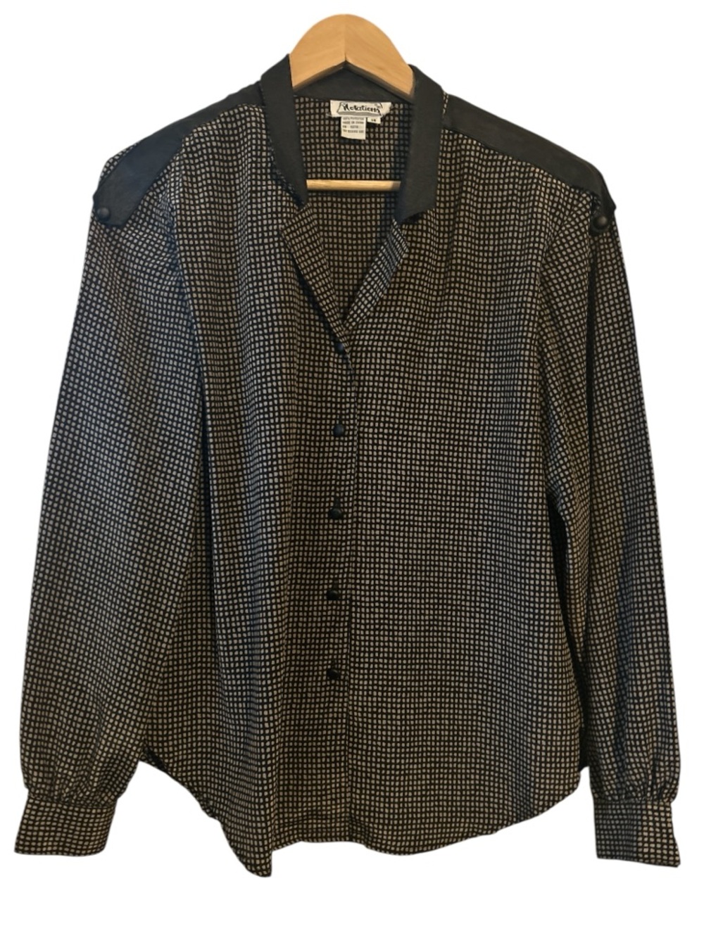Vintage 80s 90s Geometric Print Blouse Faux Leather Trim Shoulder Pads Size 14